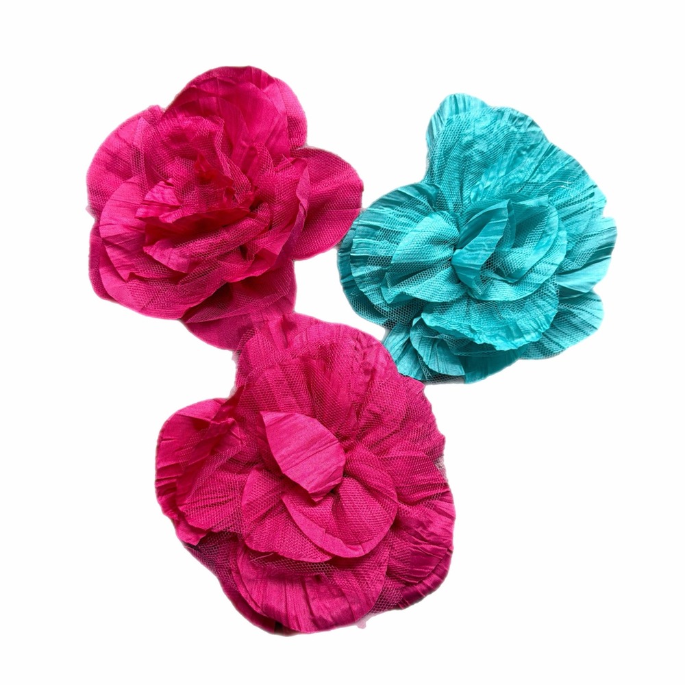 Thirty-One Floral Clip Set 3pc Pink Turquoise Fabric Rosette Hair Accessory new